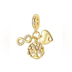 Yellow Gold Infinity Family Tree and Heart Trio Dangle Charm